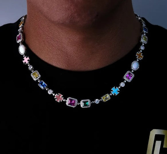 Gold-Plated Hip-Hop Gemstone Necklace - colorful zircon statement necklace