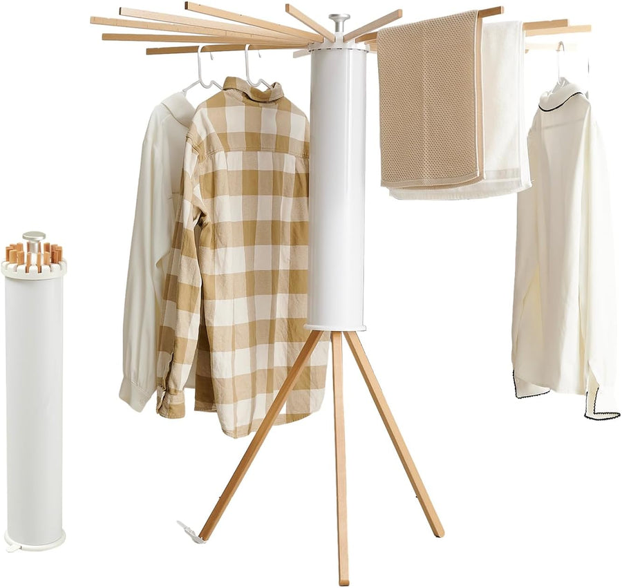Foldable Clothes Drying Rack Tripod with Wooden 16 Rods | Portable，Space-Saving Freestanding Drying Rack for Indoor Outdoor, Apartment, Bedroom, Laundry Room