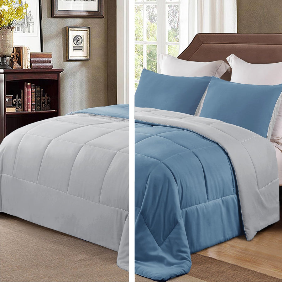 Exclusivo Mezcla Lightweight Reversible 3-Piece Comforter Set All Seasons Down Alternative Comforter with 2 Pillow Shams King Size Bluish Grey