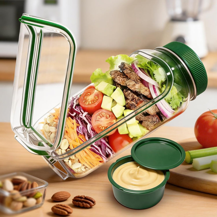 Portable-Salad-Jar Side Opening,Salad-Pod with Dressing Cup 33.8 Oz | 2.5 Oz Cup, Lid Container for Lunch Lid Converts to Bowl Leakproof Design for Office, Travel, Picnic, Meal Prep (Green)